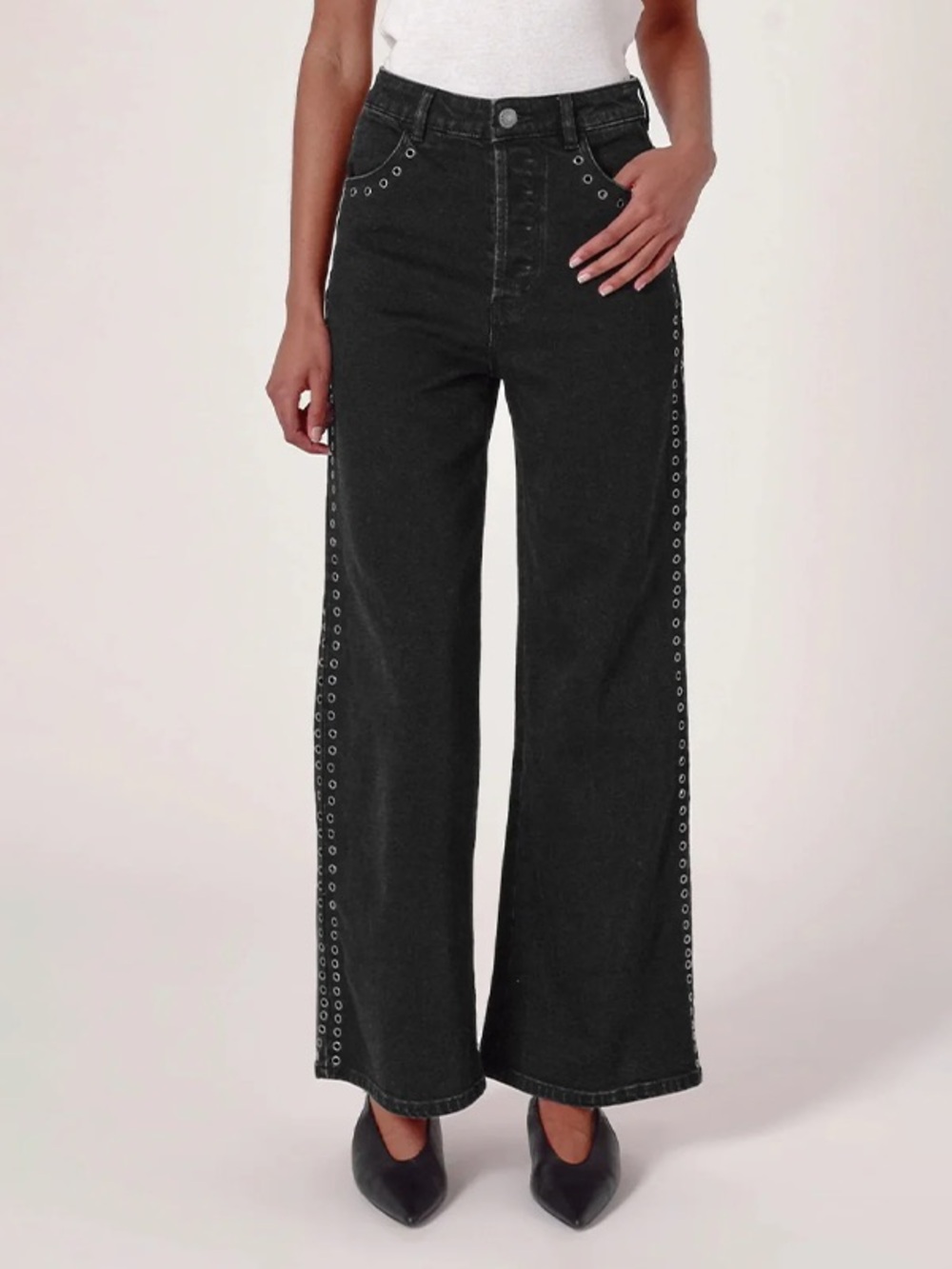 NWT ROLLA'S Black Wide-Leg Jeans with Eyelet Side Trim